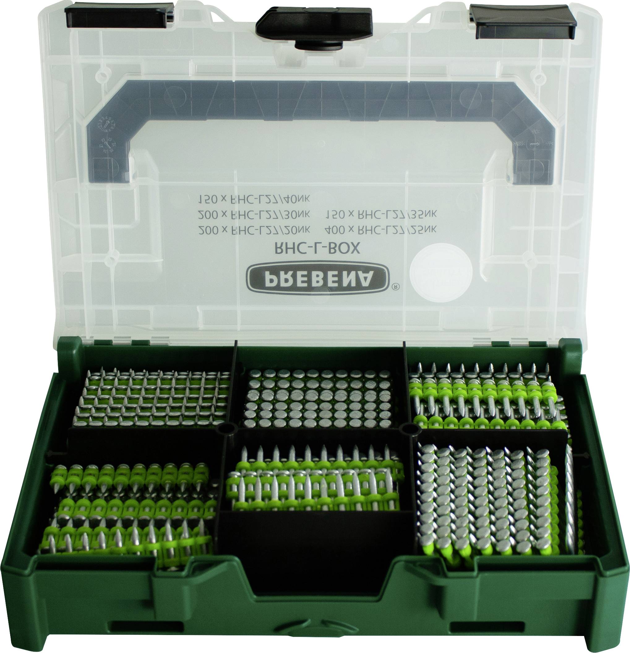 A green plastic case with an open lid showing organized compartments filled with green and silver screw bits of various sizes.