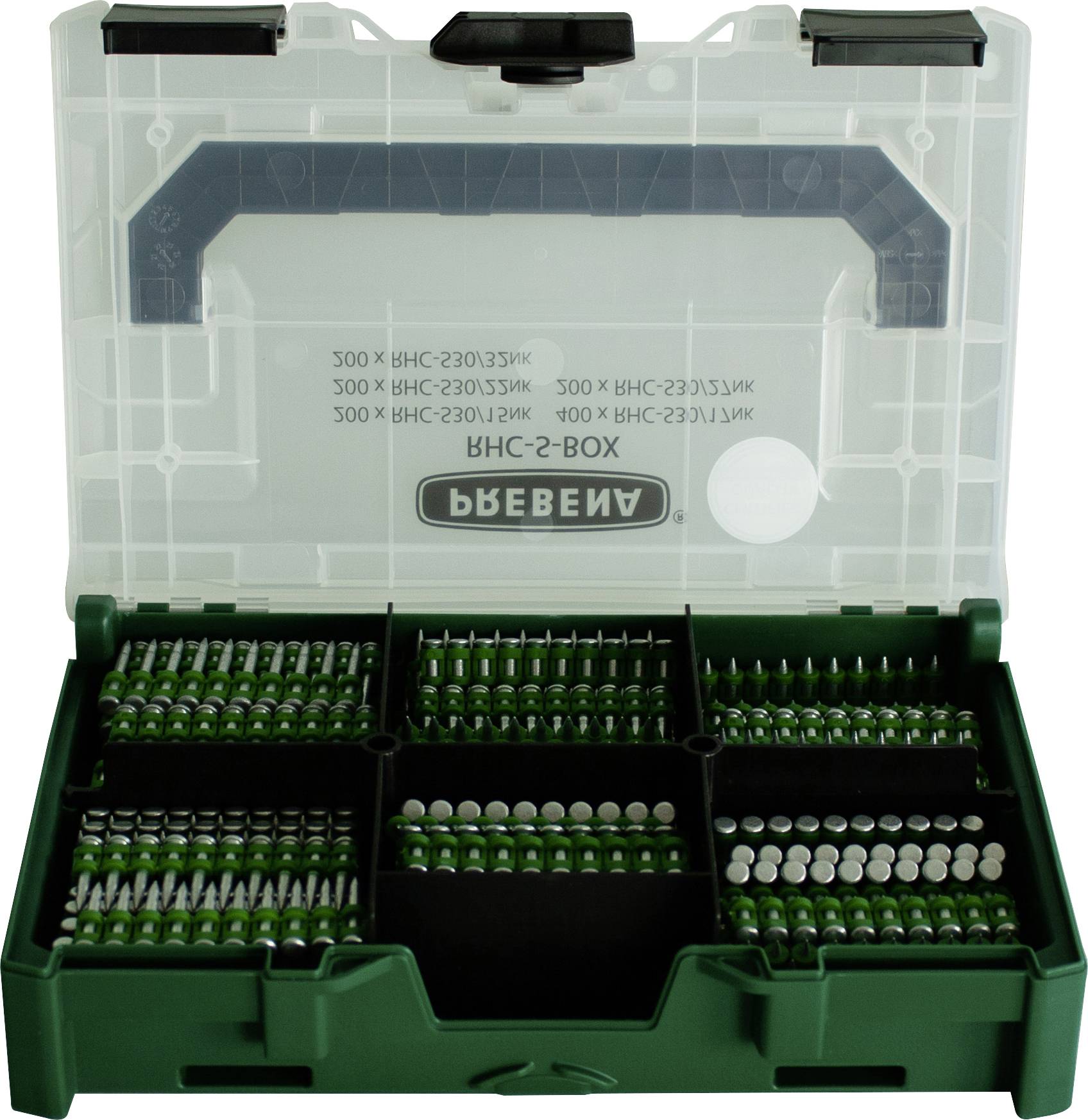 'BEBEBA' branded box opened, showing an organized set of green and white screwdriver bits of various sizes distributed in compartments.