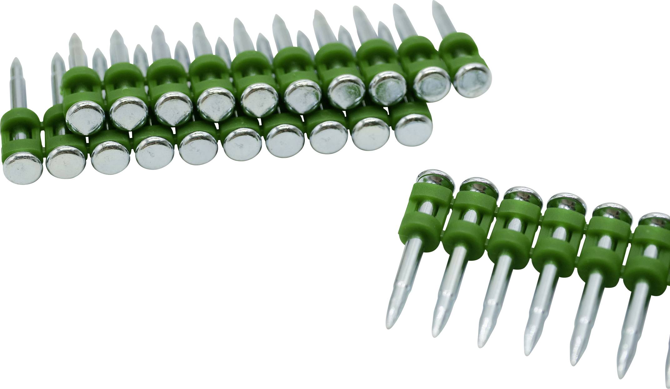 Green plastic-collated nails arranged in two rows, one with fourteen and the other with seven nails, angled for construction use.