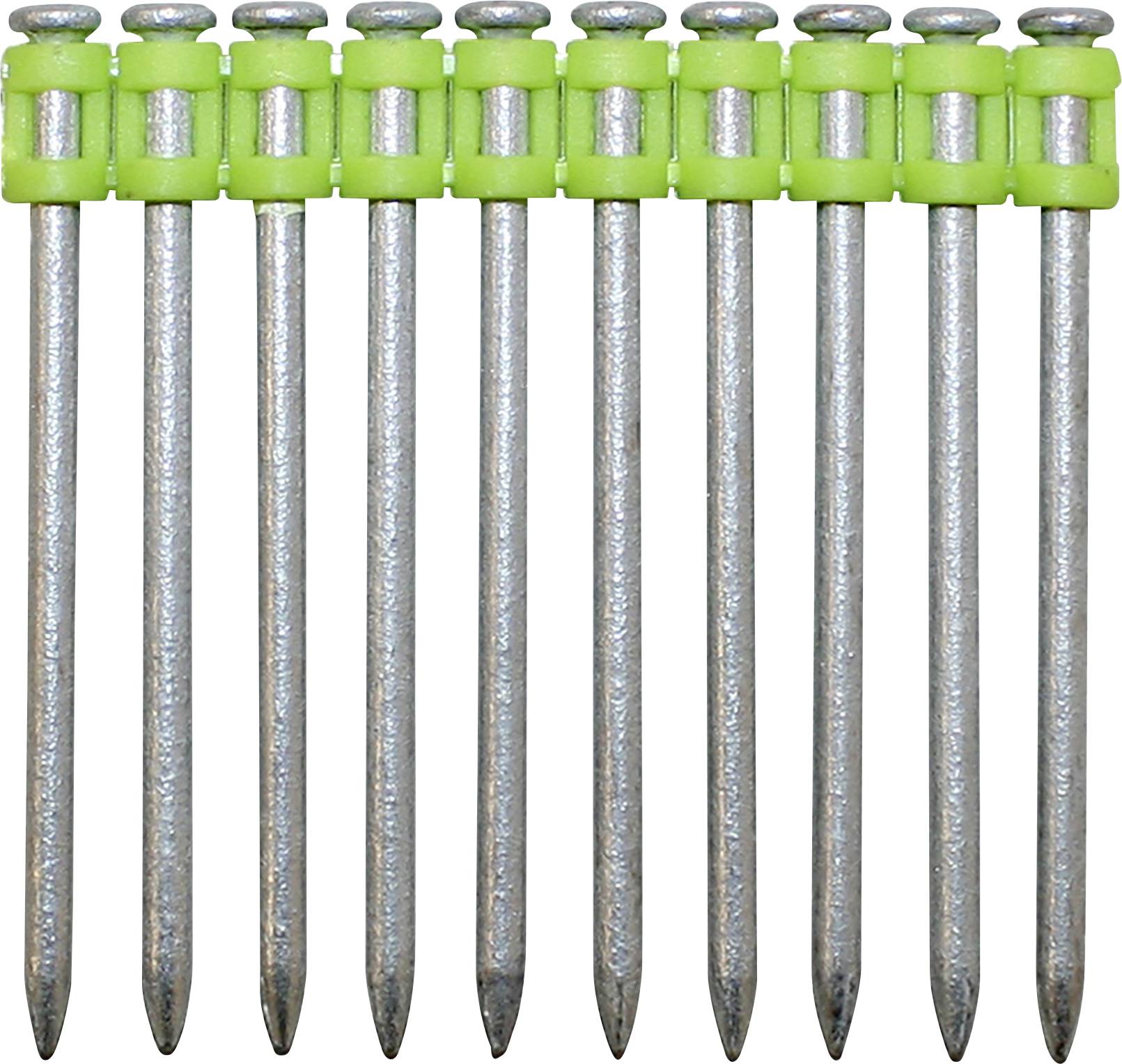 Ten aligned metal nails with green plastic clips at the top, positioned vertically in a row, used for construction purposes.