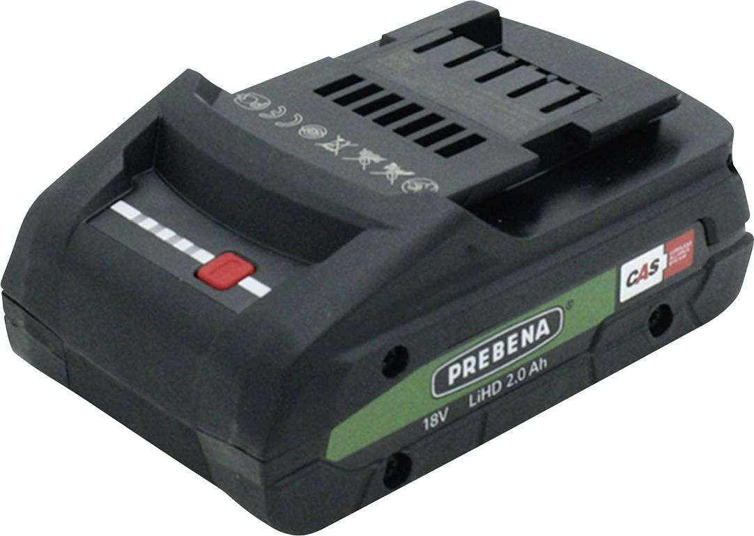 Prebena 18V LiHD 2.0 Ah battery pack with red power button and green label, displayed on a white background.