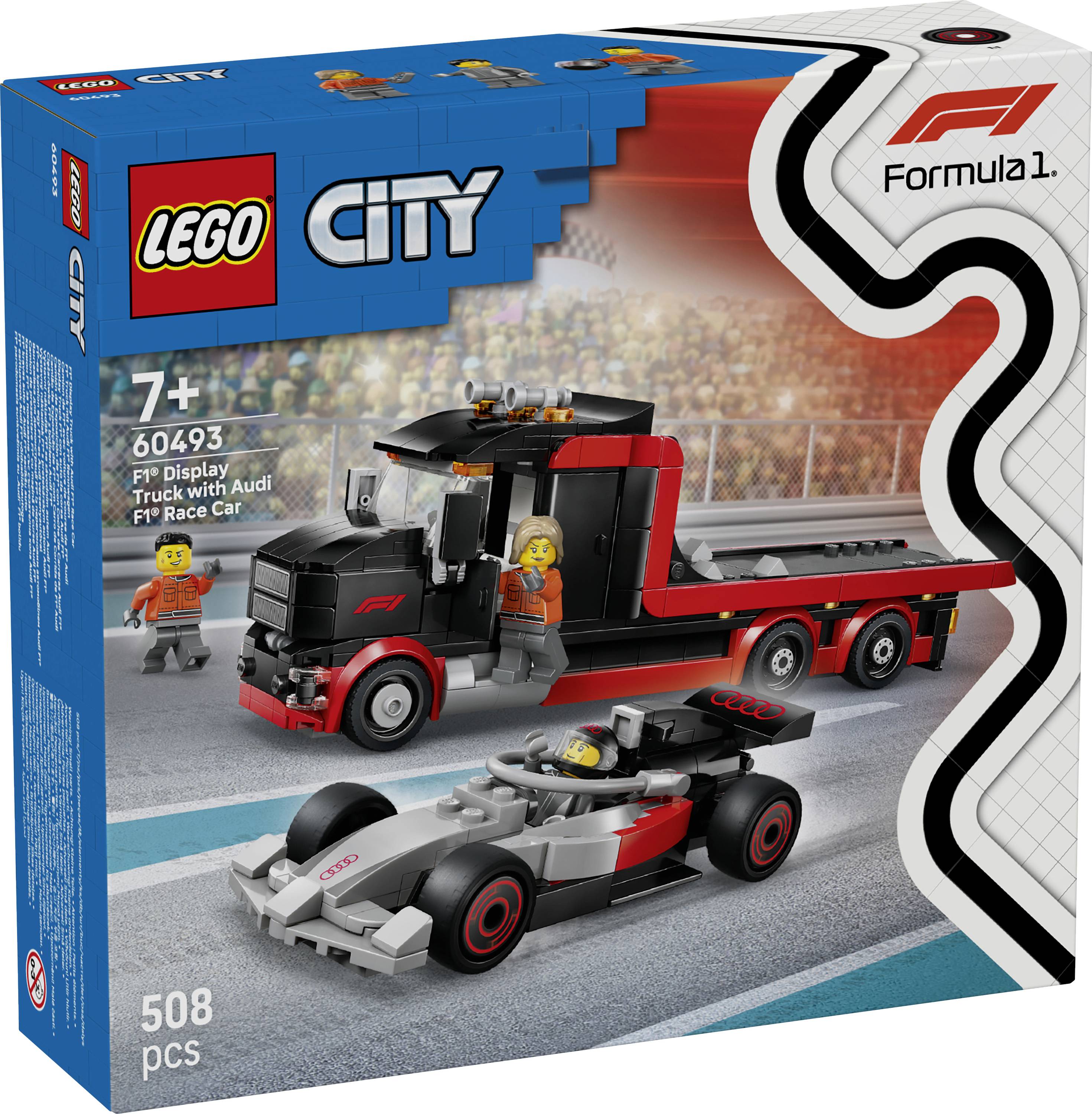'LEGO City' packaging showing a 'Formula 1' themed build with a black and red truck and race car. Includes a driver and mechanic. 508 pieces, for ages 7 and up.