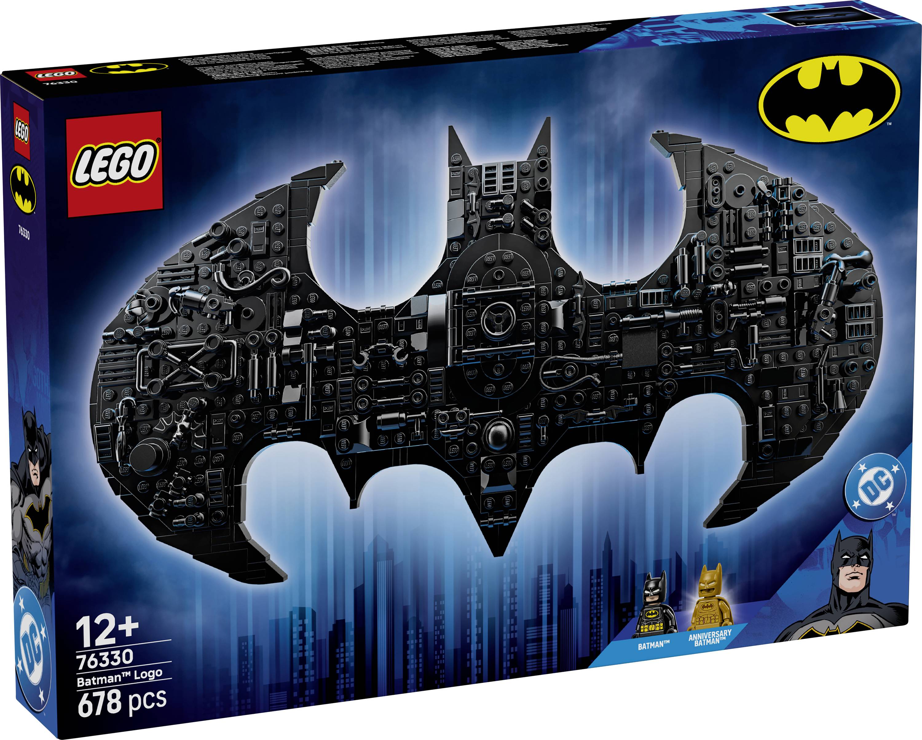 Lego set box featuring 678-piece Batman logo model, age 12+, with Batman minifigure. Iconic black bat shape on blue backdrop.