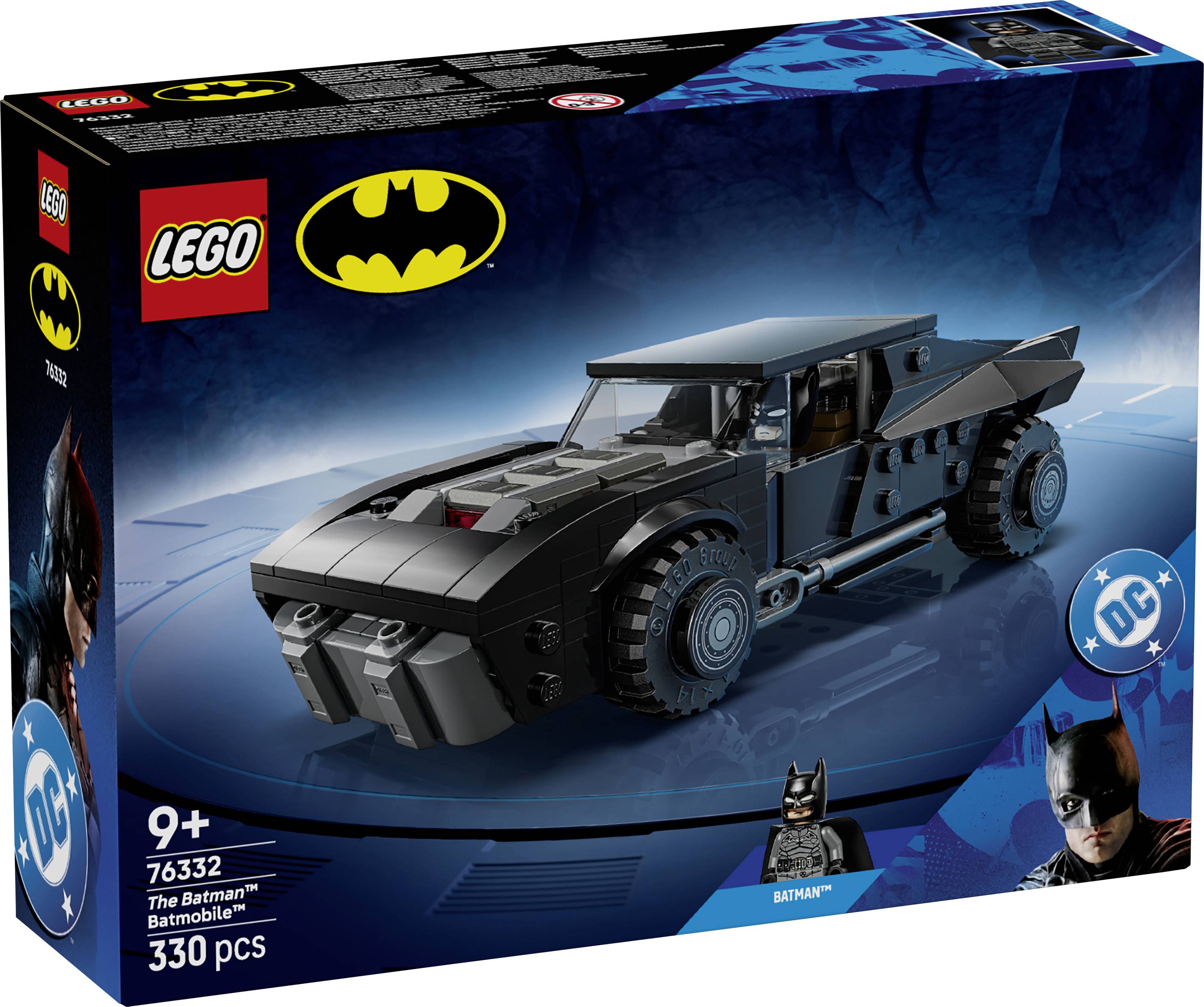 LEGO The Batman Batmobile set 76332, for ages 9 and up, includes 330 pieces. Features Batman logo and image of Batmobile on the box.