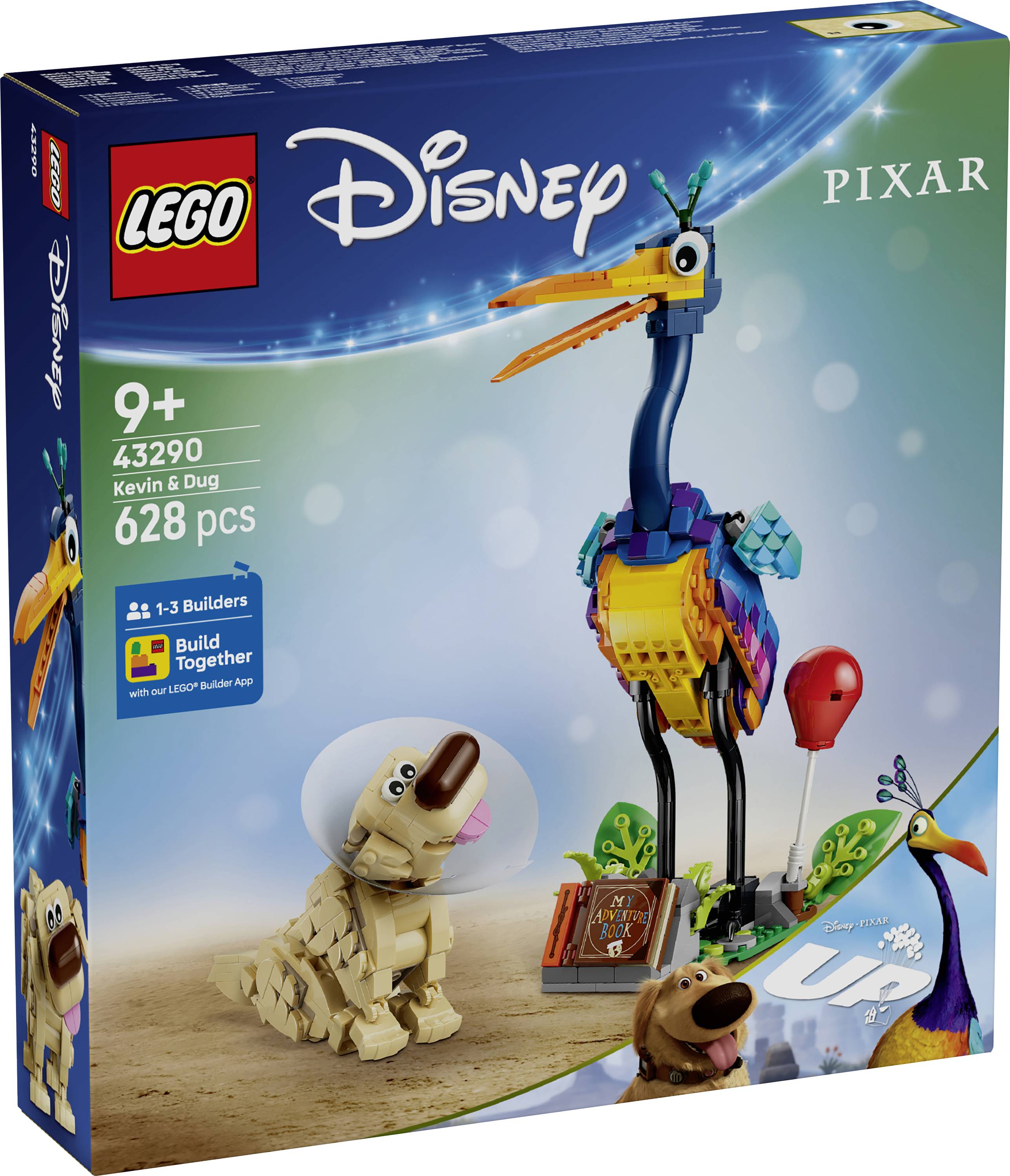 LEGO set box featuring 'Disney Pixar LEGO 43290 Kevin & Dug'. Includes colorful bird Kevin, dog Dug, and themed accessories. Recommended for ages 9+.