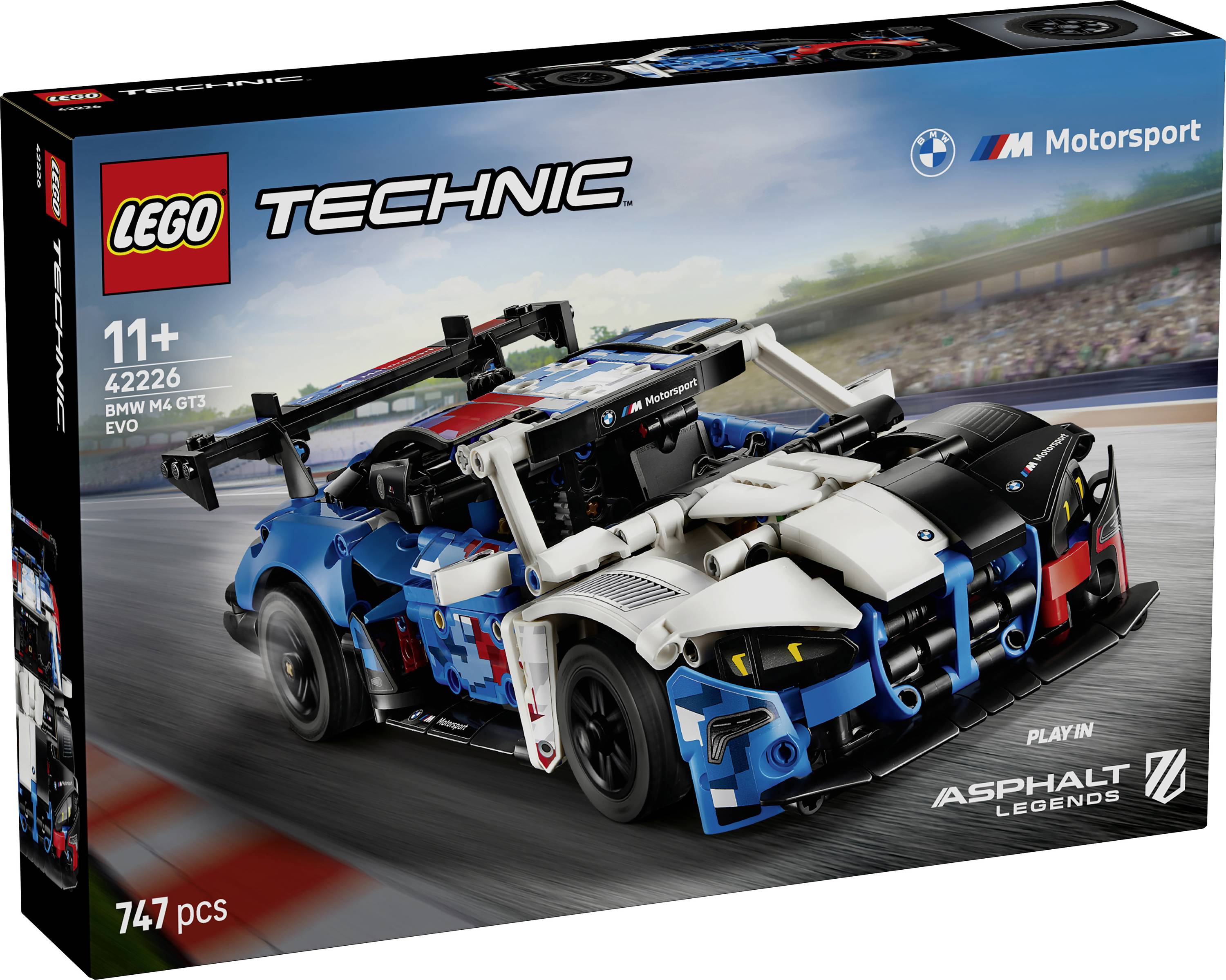 'LEGO Technic BMW M4 GT3' set box showing model car, recommended for ages 11+, with 747 pieces, on a racing background.