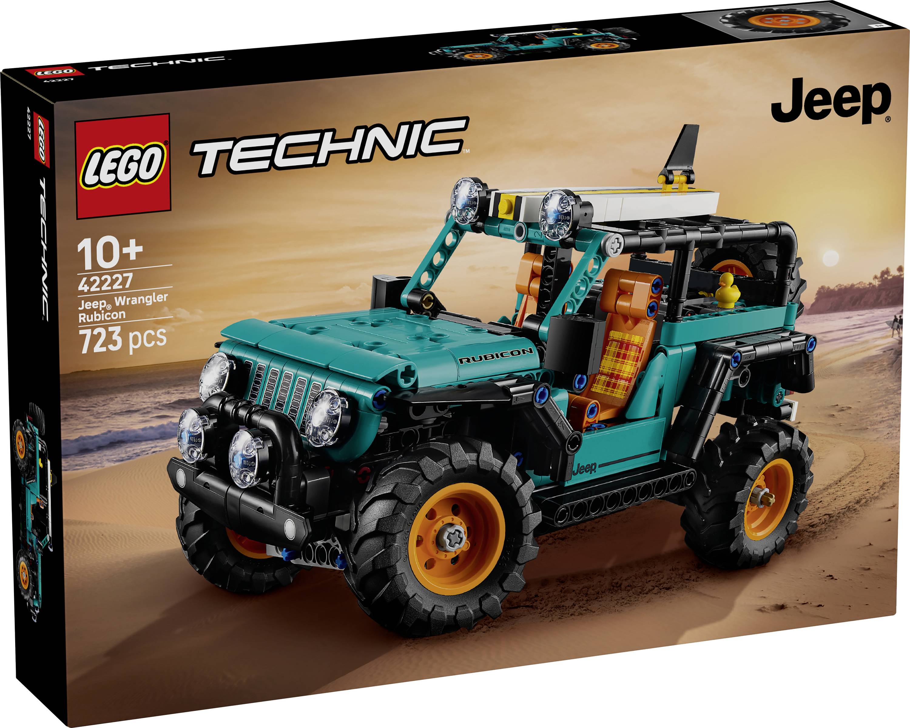 'LEGO Technic Jeep Wrangler Rubicon' set with 723 pieces, recommended for ages 10+, displayed on a beach-themed box.