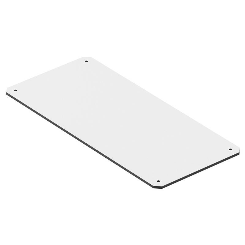 Isometric view of a plain rectangular white metal plate with four corner holes, likely a mounting panel or cover.