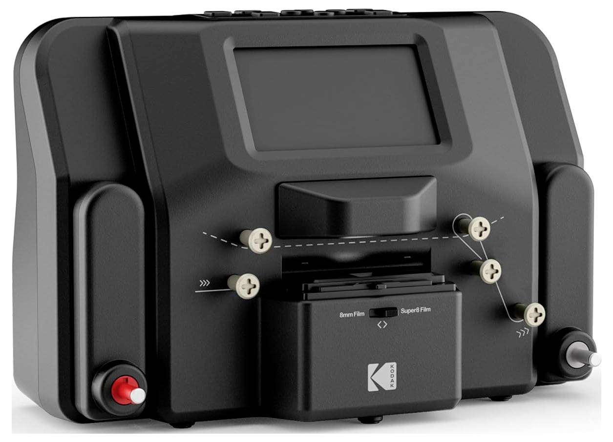 Device for processing film with various film roll dimensions indicated; includes buttons and a digital screen for operation.
