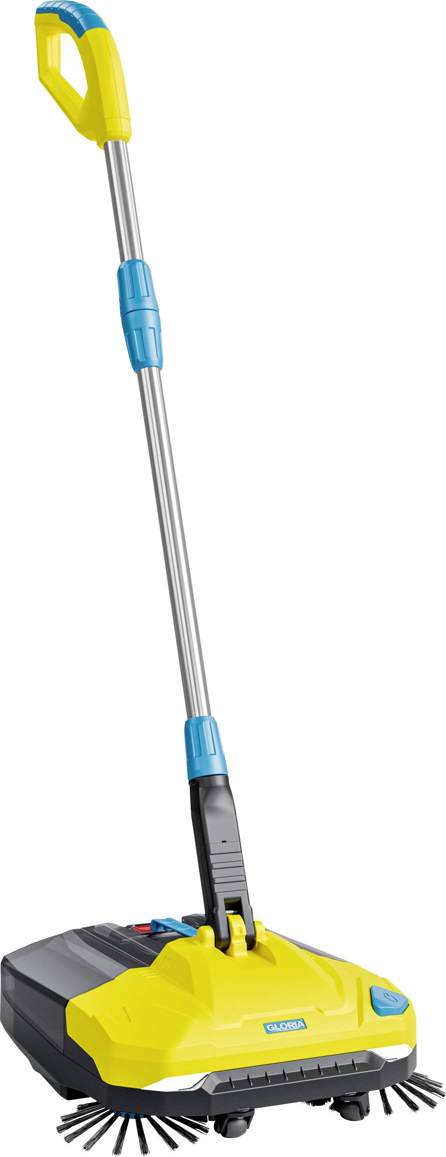 A yellow, manual floor sweeper with a long handle and two rotating brushes at the base, designed for cleaning hard surfaces.