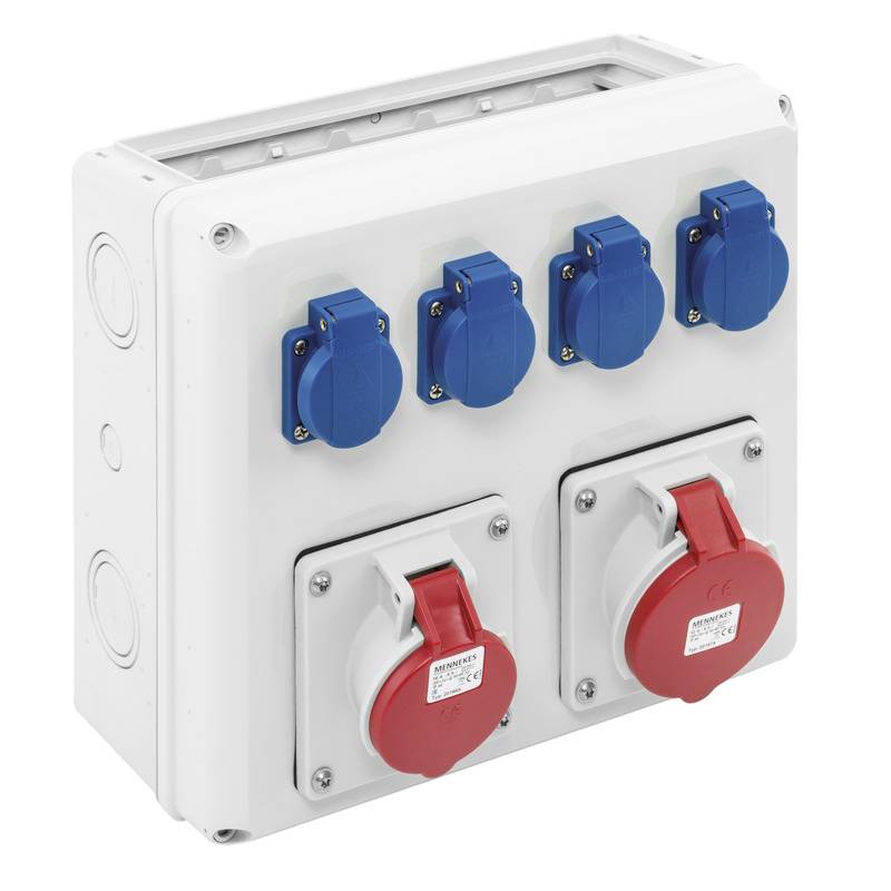 White electrical distribution box with four blue outlets and two red industrial power sockets.