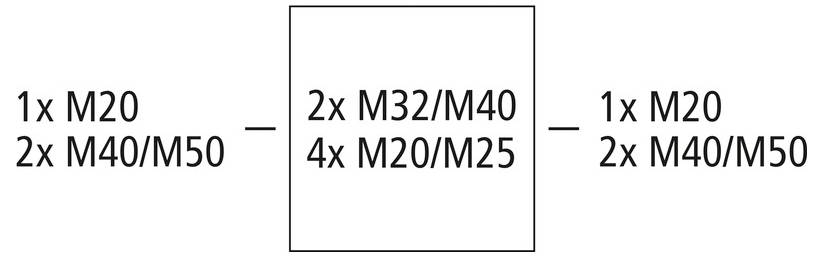 Diagram showing bolt sizes: center box lists 2x M32/M40 and 4x M20/M25, with side notes 1x M20 and 2x M40/M50 on both left and right.