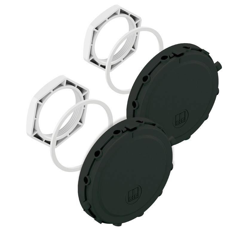 Exploded view of two round black covers with white mounting rings and hex-shaped adapter frames, showing how the parts fit together.