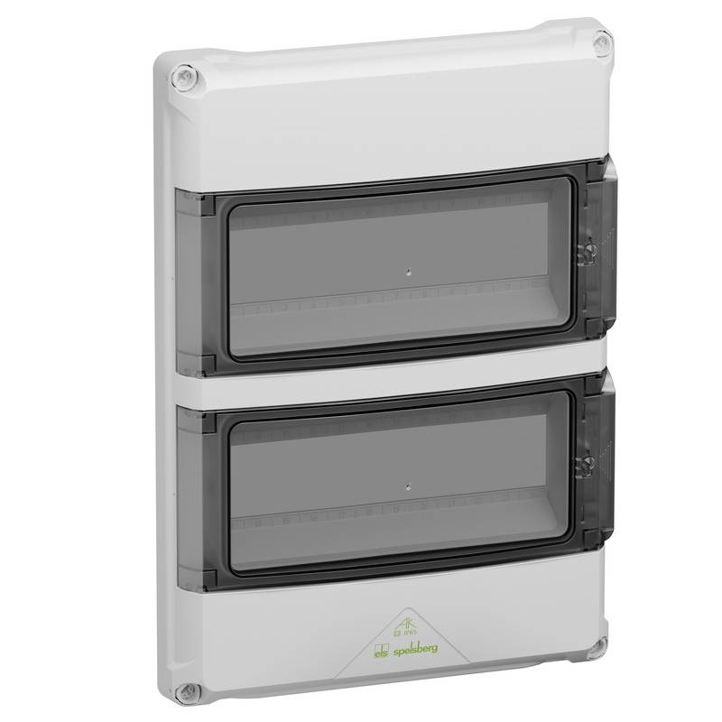 White electrical distribution box with two dark transparent inspection windows and a small logo at the bottom.