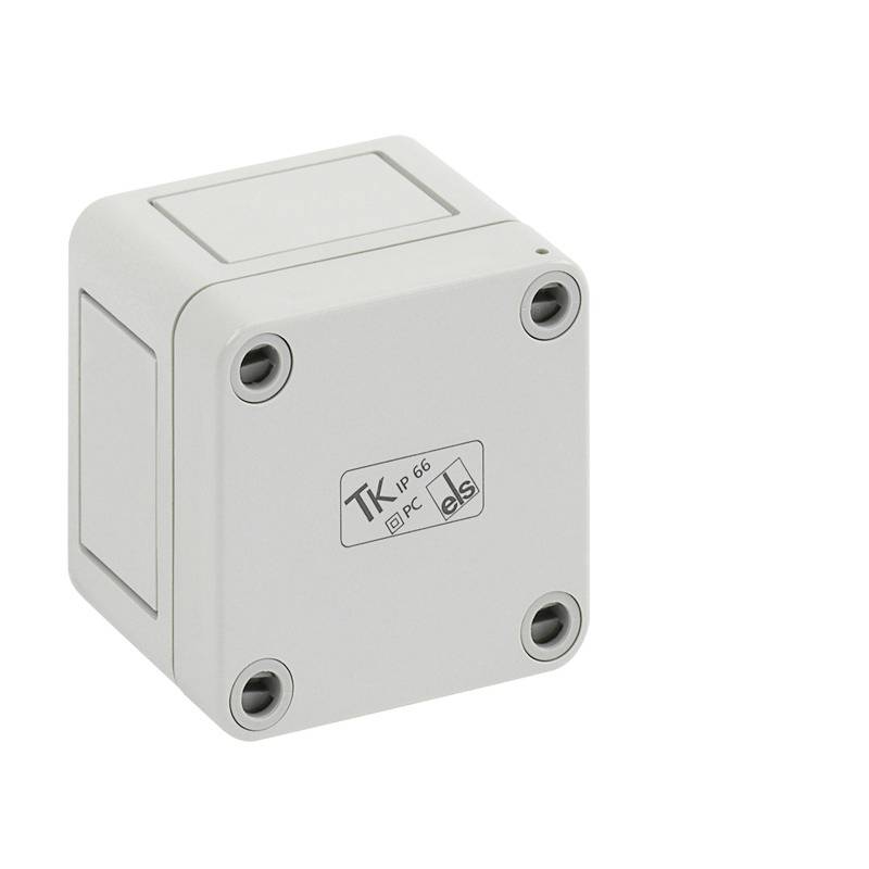 Gray electrical junction box enclosure with four corner screw holes on a white background.