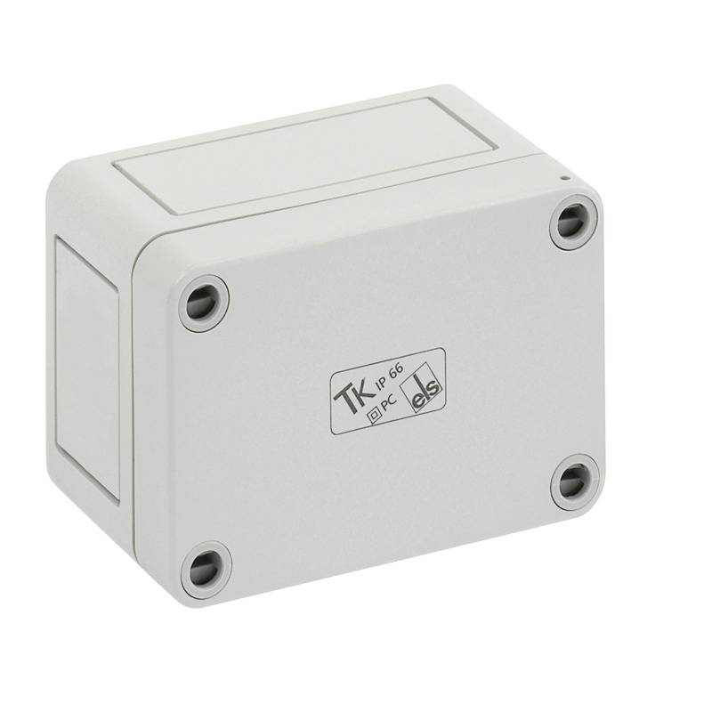 Silver rectangular electrical junction box with four corner screw holes and a 'TK IP 66' label on the front.