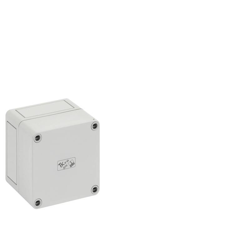 Light gray electrical junction box with four corner screws and a blank cover, shown on a white background.
