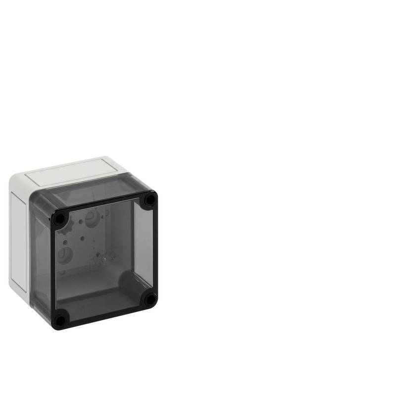 Small gray plastic electrical enclosure with a smoky transparent front cover and four corner screws.