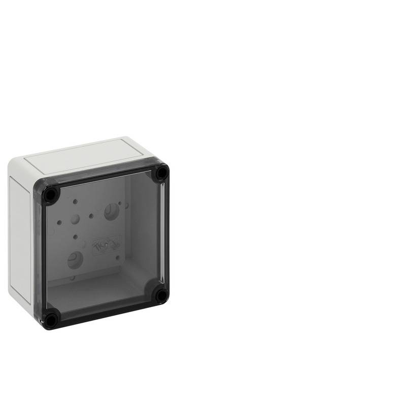Grey electrical enclosure box with a dark transparent front cover and corner screws on a white background.
