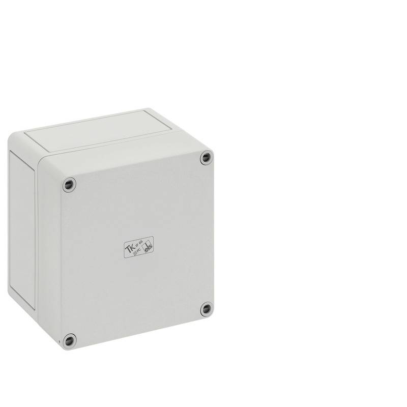 Gray electrical junction box with four corner screws on a plain white background.