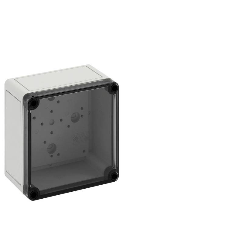 Gray electrical enclosure box with a dark transparent front cover and four corner screws.
