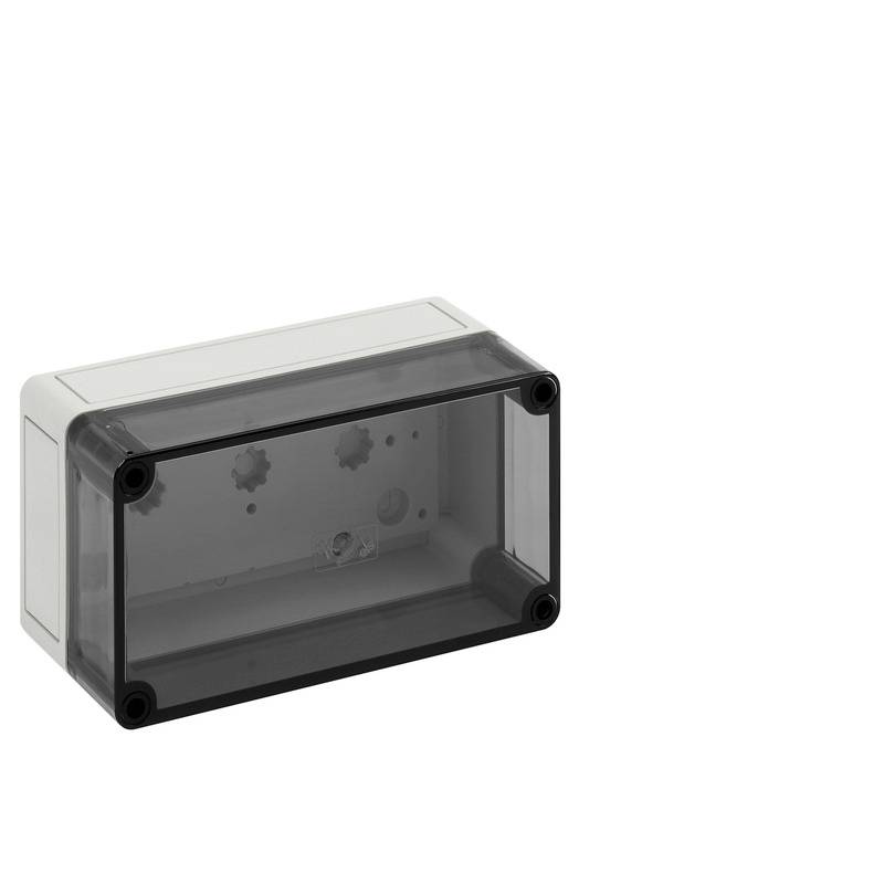Gray plastic electrical enclosure box with a tinted transparent front cover and mounting screw holes, shown on a white background.