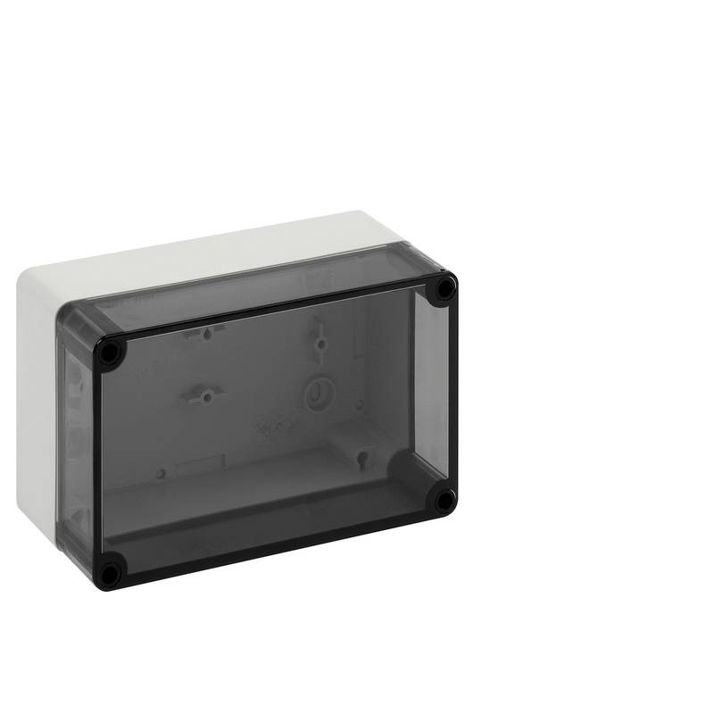 Clear rectangular plastic electrical enclosure with a dark translucent front cover and corner screws, shown on a white background.