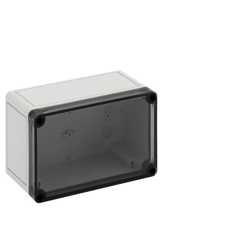 Gray plastic electrical enclosure with a dark translucent front cover and corner screws, shown on a white background.