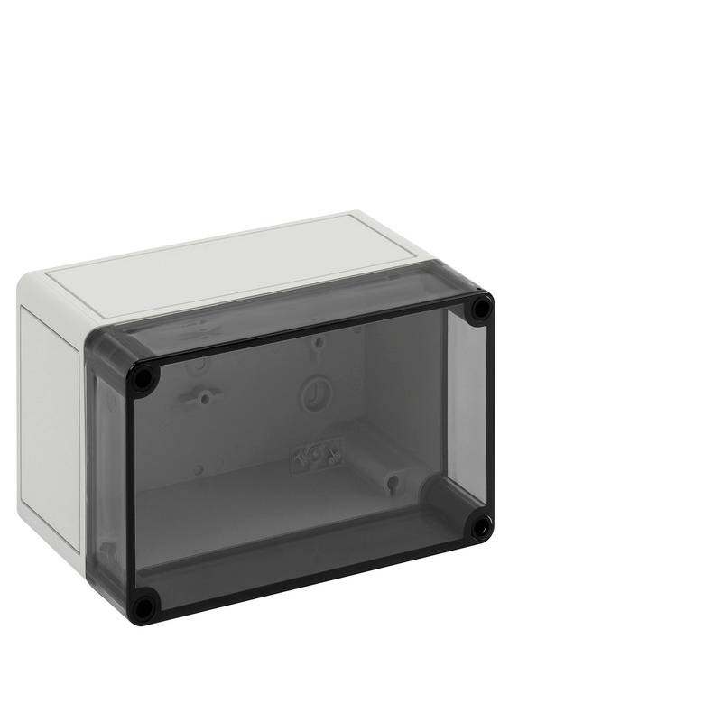 Gray rectangular electrical enclosure box with a dark transparent front cover and four corner screw mounts on a white background.