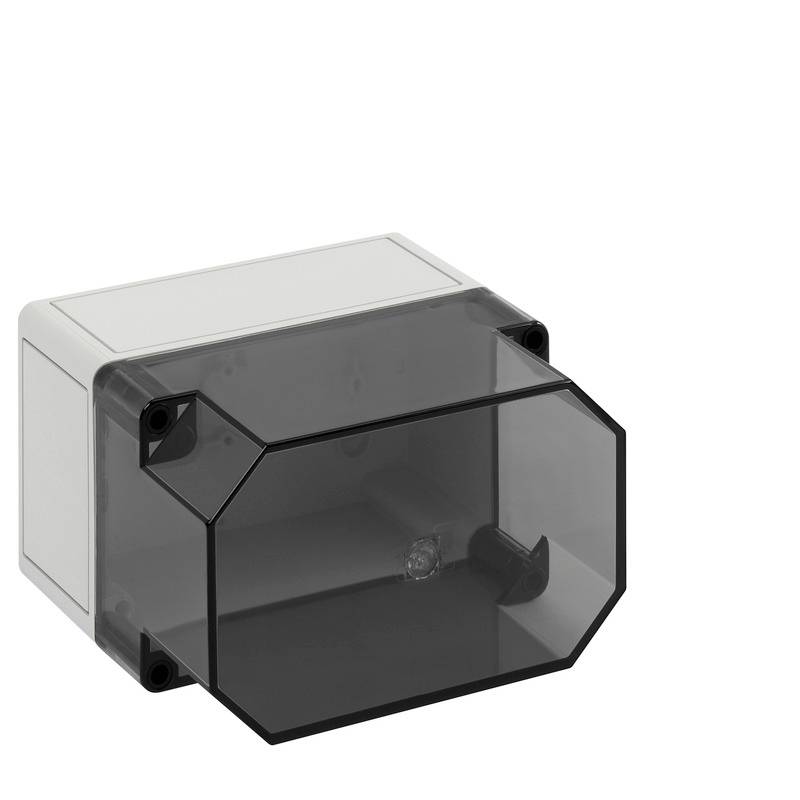Transparent-front electrical enclosure box with a dark smoked cover and rectangular white back housing.