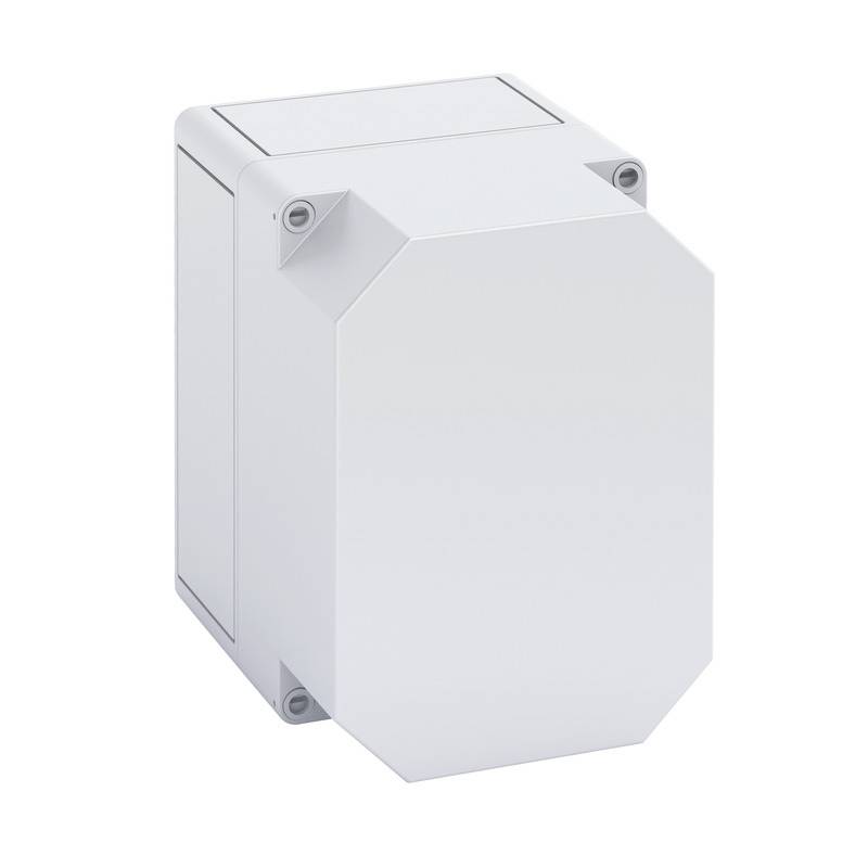 White rectangular electrical enclosure box with a flat front cover and visible corner screws, isolated on a plain background.