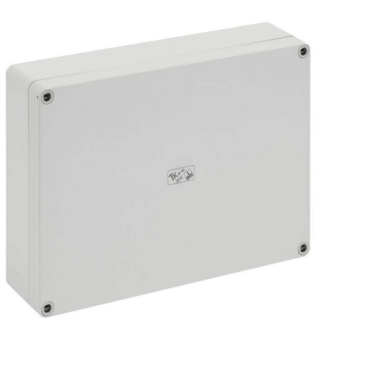 White electrical junction box enclosure with a plain front cover and four corner screws.