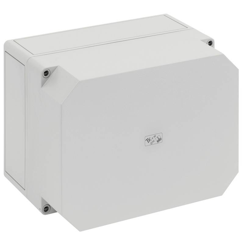 White rectangular electrical enclosure box with a hinged front cover and mounting screws, shown isolated on a plain background.