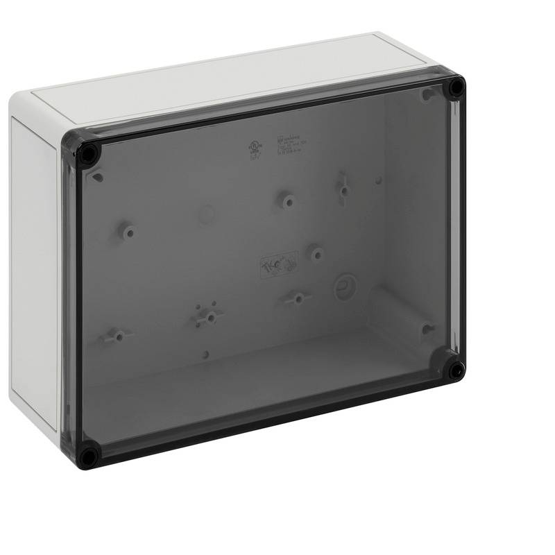 Gray rectangular plastic electrical enclosure with a translucent front cover and mounting holes, shown isolated on a white background.