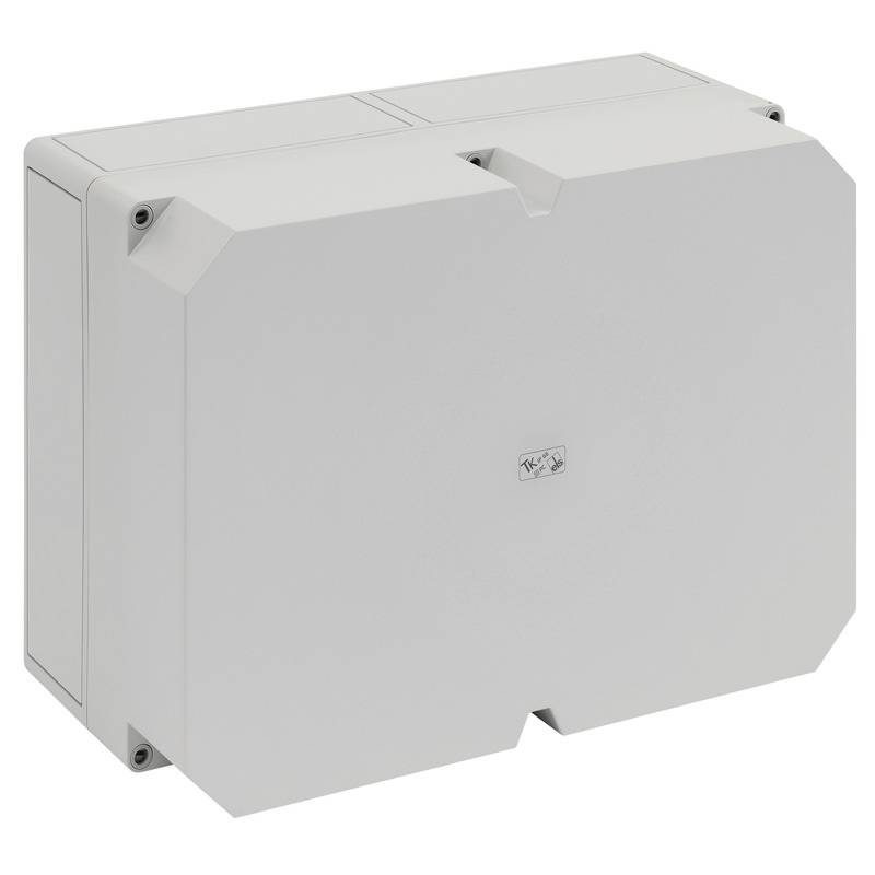 Gray rectangular plastic electrical enclosure or junction box with a hinged front cover, shown on a white background.