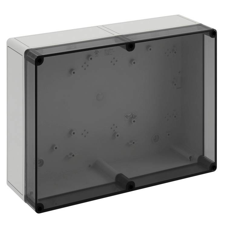 Rectangular gray plastic electrical enclosure with a translucent dark front cover and mounting points, shown isolated on a white background.