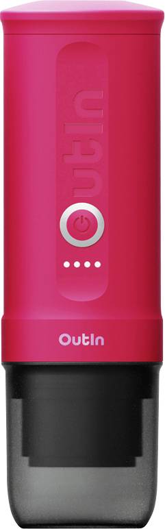 A red Outin branded portable hot water dispenser with a black bottom section. Features a power button and indicator lights on the front.