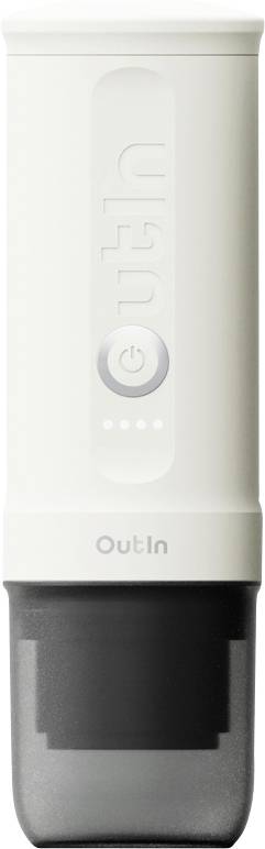 A white electronic device with a power button and a black detachable base, labeled 'OutIn.'