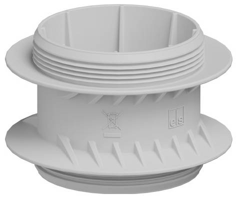 Gray plastic pipe connector fitting with flanged ends and ribbed cylindrical body.