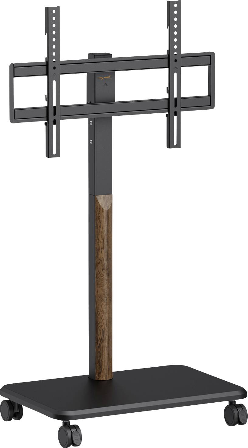 Mobile TV stand with a black base, wood accent on the support column, and adjustable mount brackets, featuring four caster wheels.