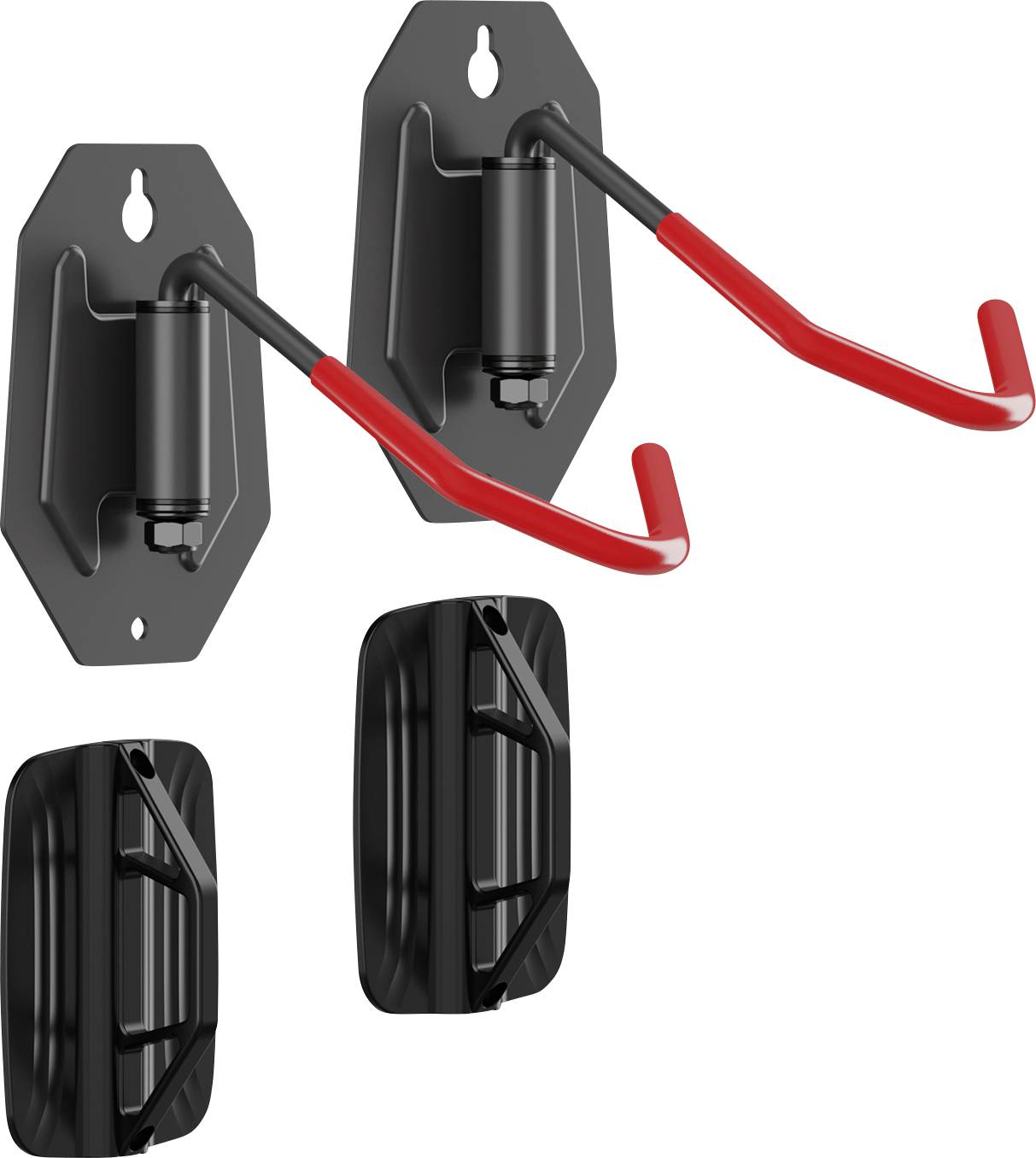 A pair of wall-mounted hooks with red grips for securely hanging items, and two black plastic brackets, used for organizing or storing gear.