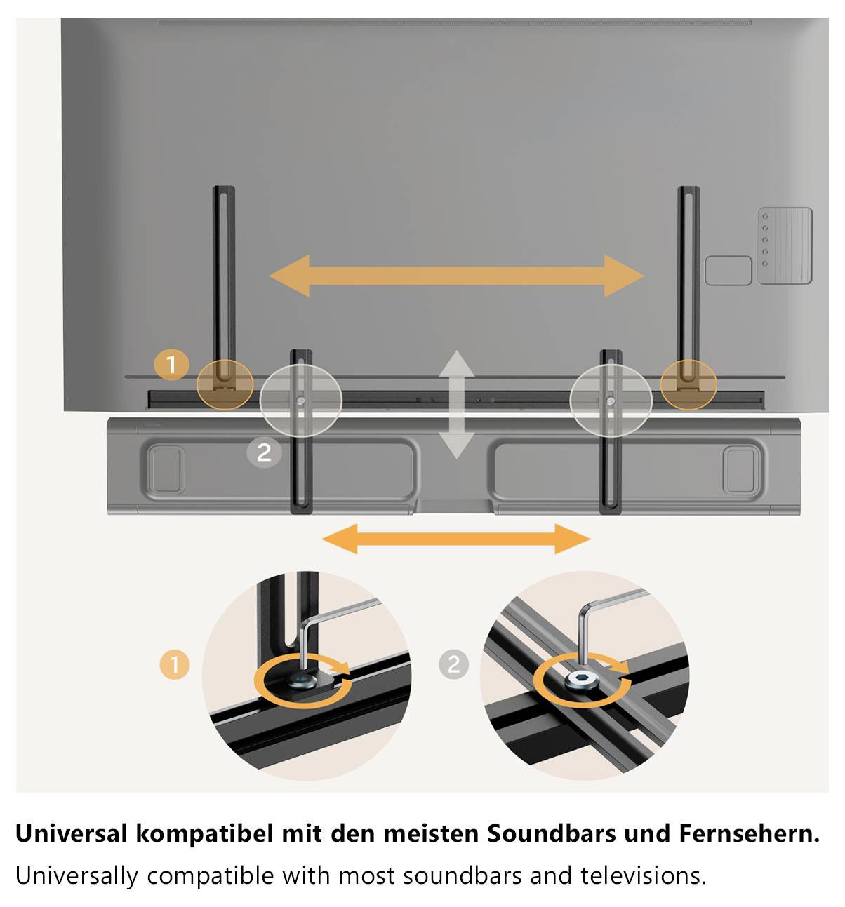 Diagram showing soundbar mount installation behind a TV. Compatible with most soundbars and televisions. Includes two step process.