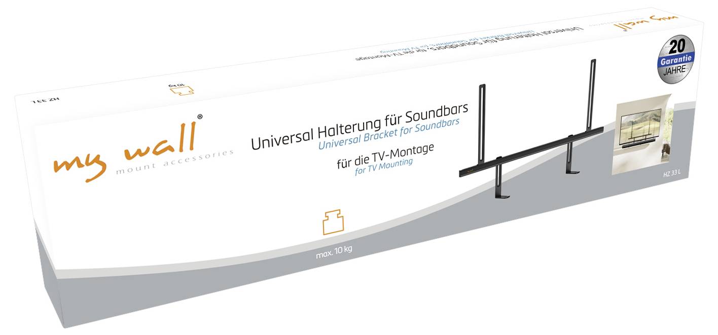 Box packaging for a 'Universal Bracket for Soundbars' from 'my wall' brand, shows long black brackets, and a '20-year guarantee' badge.