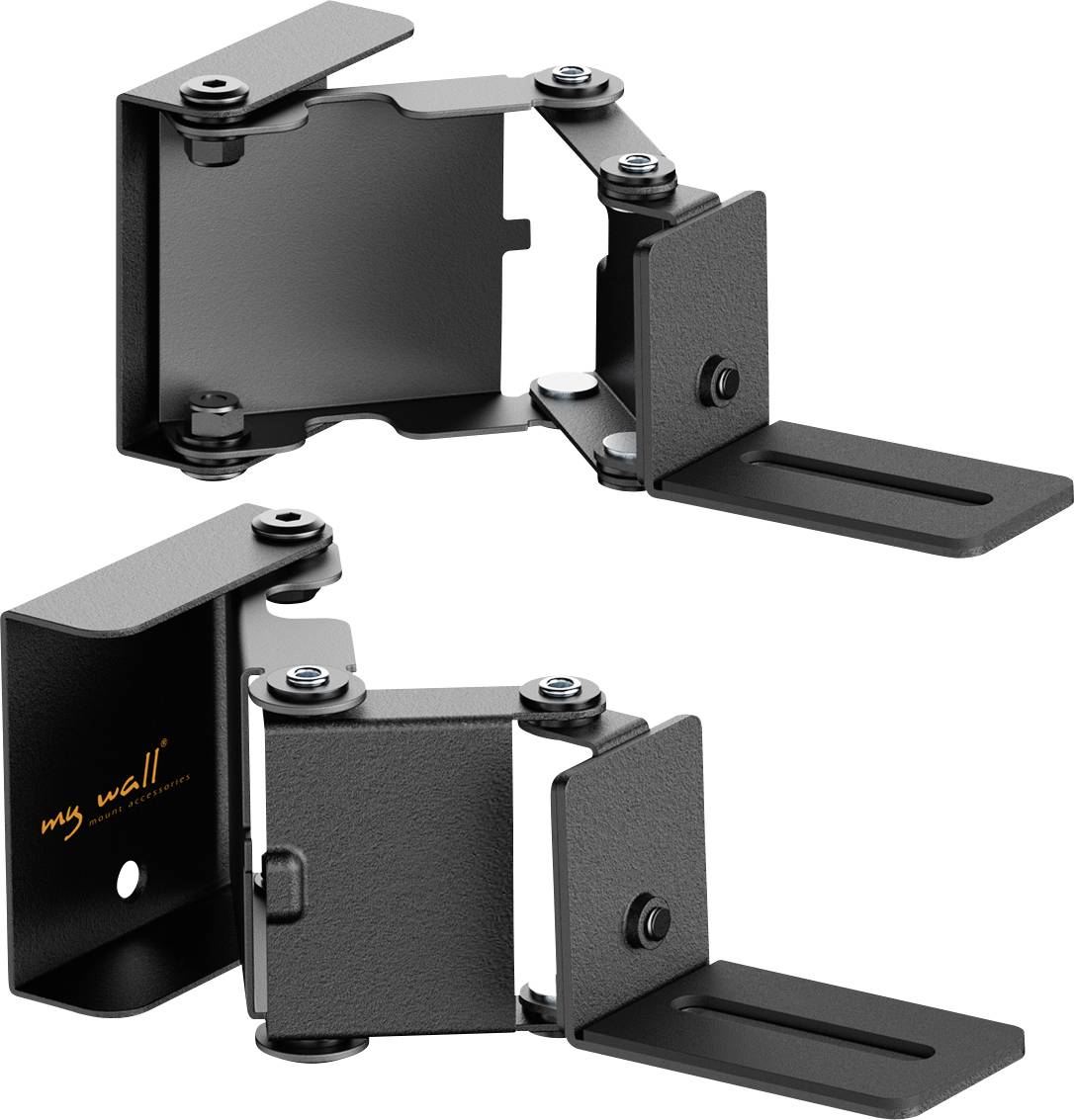 A wall mount bracket consisting of two pivoting joints and adjustable plates for supporting and positioning devices, in matte black metal.