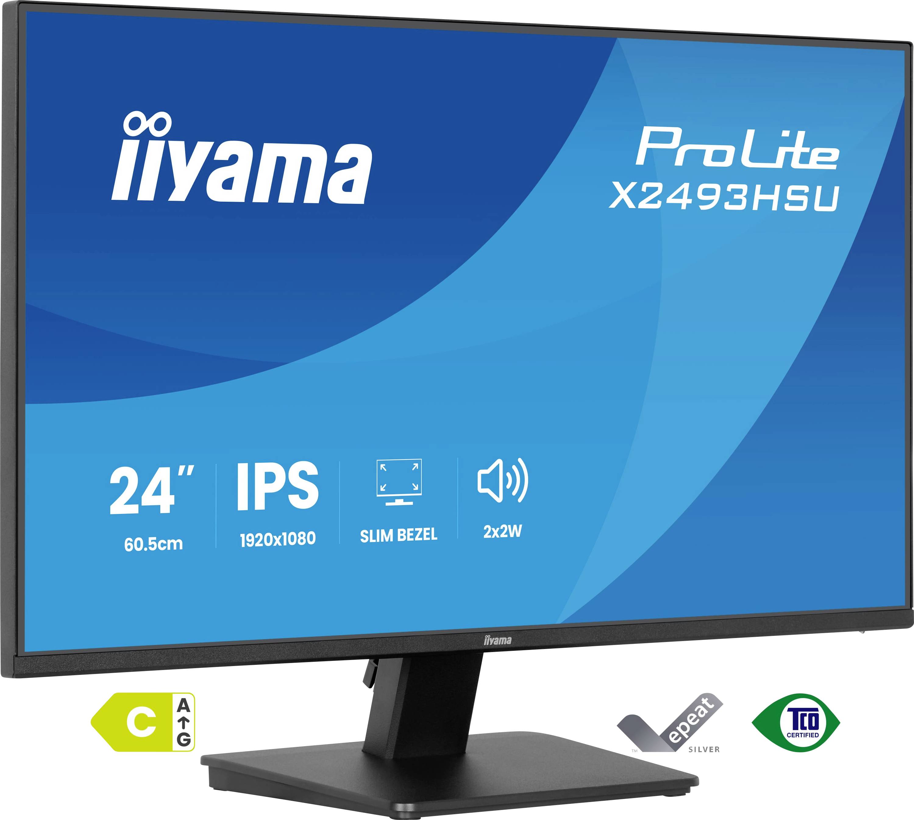 A monitor screen displaying the text 'iiyama ProLite X2493HSU', featuring IPS technology, slim bezel, and 24