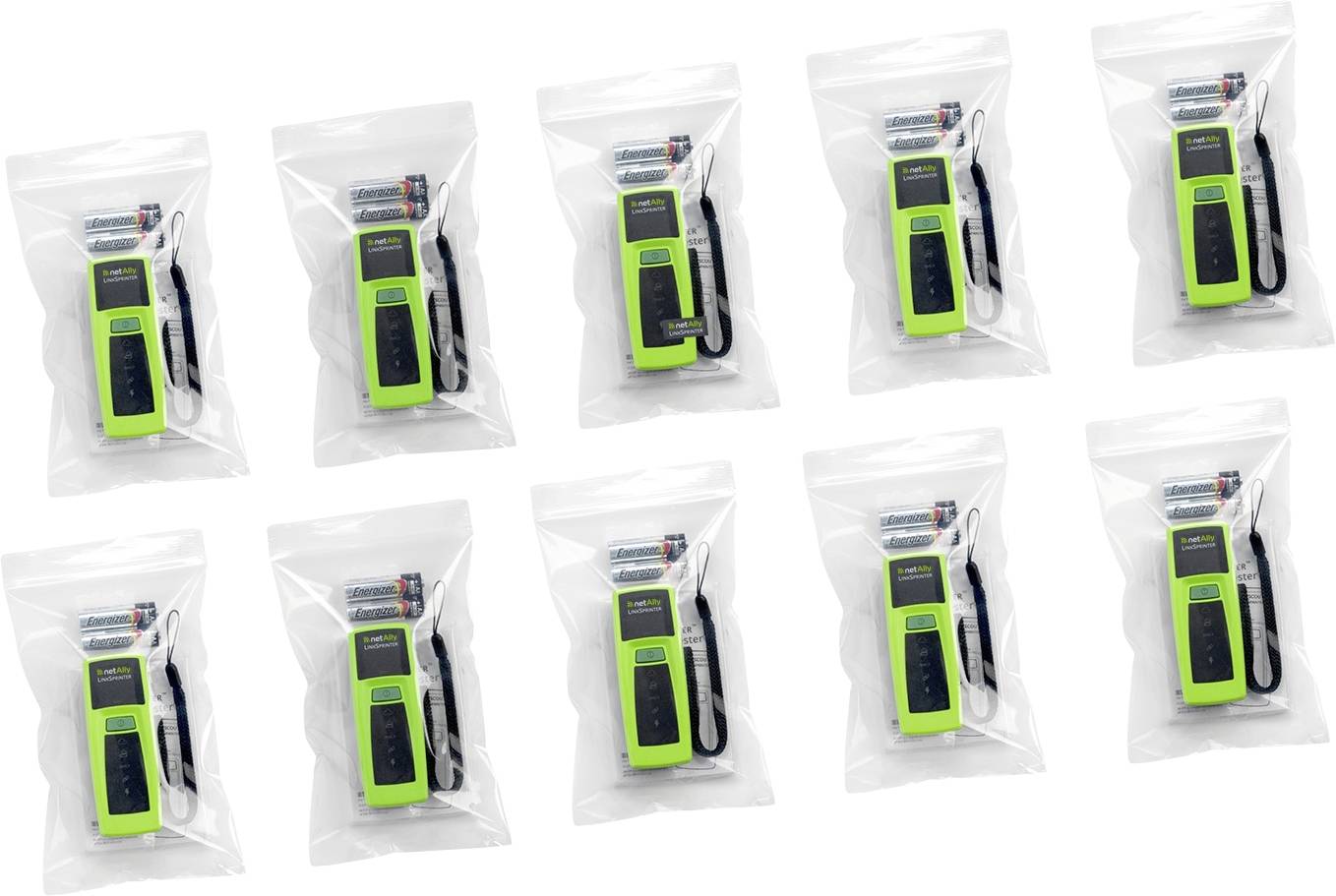 Ten green digital laser measuring devices are individually packaged in clear plastic bags, each with a user manual and batteries visible.