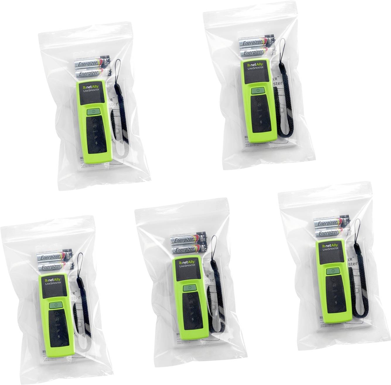 Five green digital TDS meters in transparent packaging with lanyards and LR44 batteries, arranged in a staggered pattern.