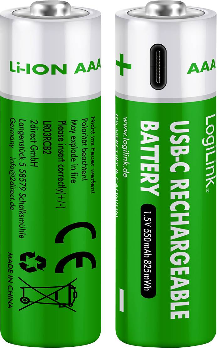 'Two green LogiLink USB-C rechargeable AAA batteries, 1.5V 650mAh, labeled with Li-ION, '+' and '-'. One features a charging port.'