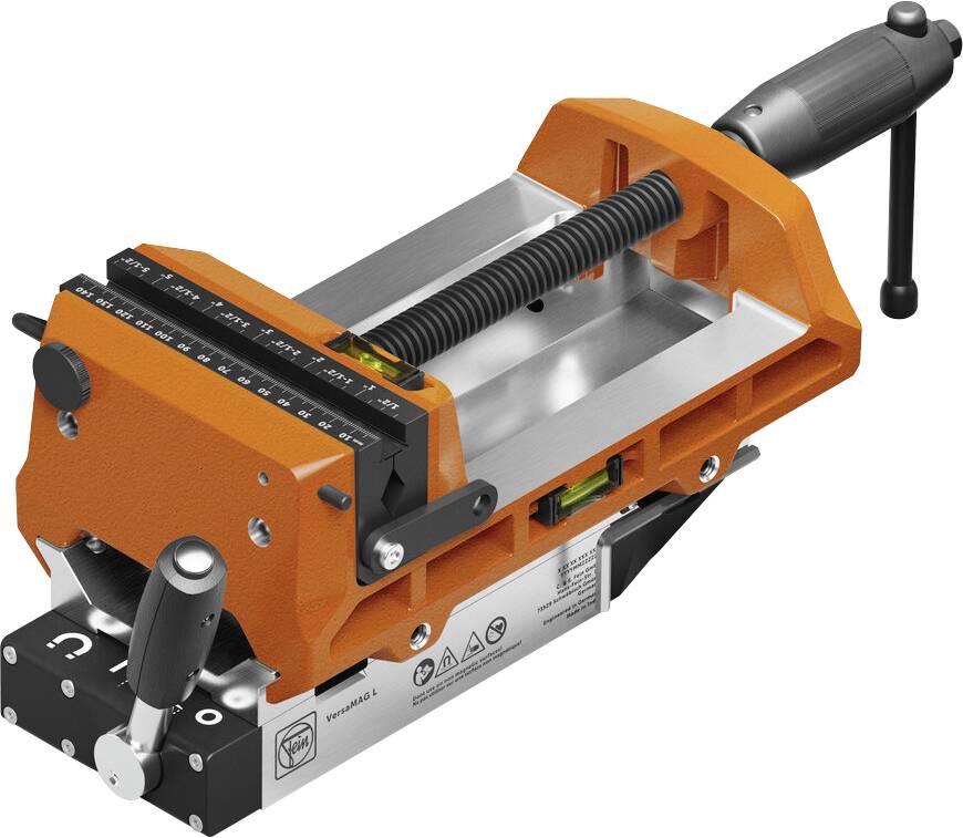 An orange and black mechanical vise with measurement markings and a black handle, used for securely holding objects in place during work.