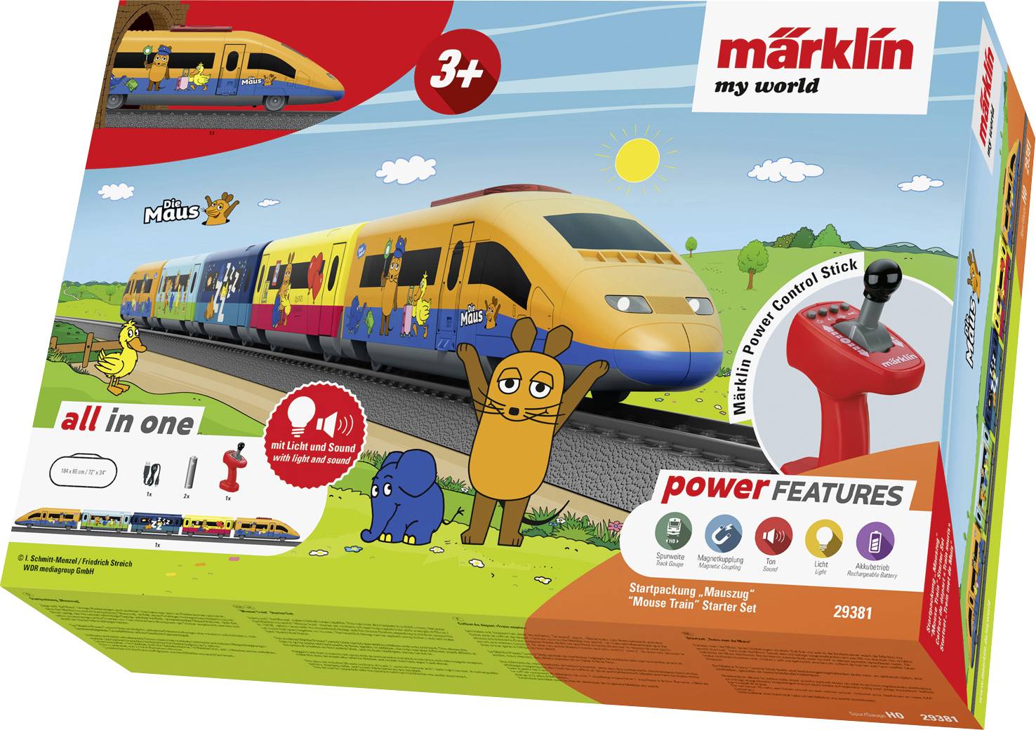 'My World Märklin' toy train set for ages 3+, featuring a bright yellow train with cartoon characters and a power control stick.